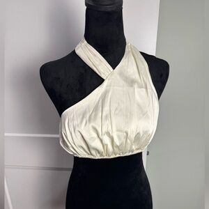 DANIELLE BERNSTEIN HIGH NECK STRETCH CHARMEUSE HALTER TOP white